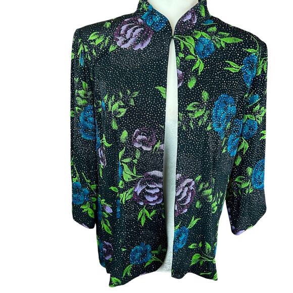 Alex‎ Evenings Jacket Womens Petite XL Black Sparkle Floral Short Stretchy Glam - Picture 1 of 11